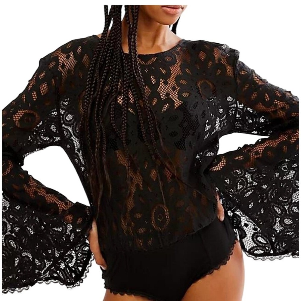 NWT Free People Intimately Black Lace Bell Sleeve Bodysuit M Boho| Whimsigoth